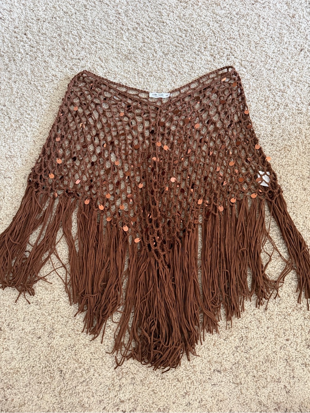 12th Tribe Brown Crochet Fringe Poncho with Sequins